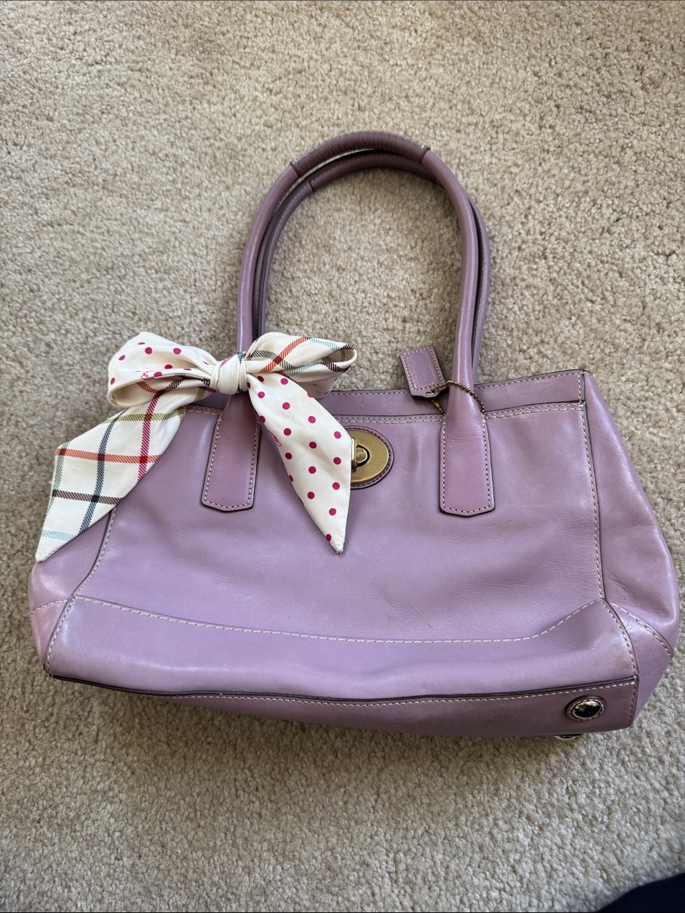 Coach Lavender Leather Shoulder Bag with Polka Dot Scarf